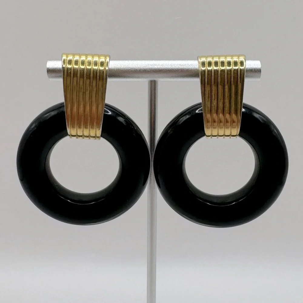 NAPIER Vintage Black & Gold Door Knocker Earrings - Picture 1 of 13